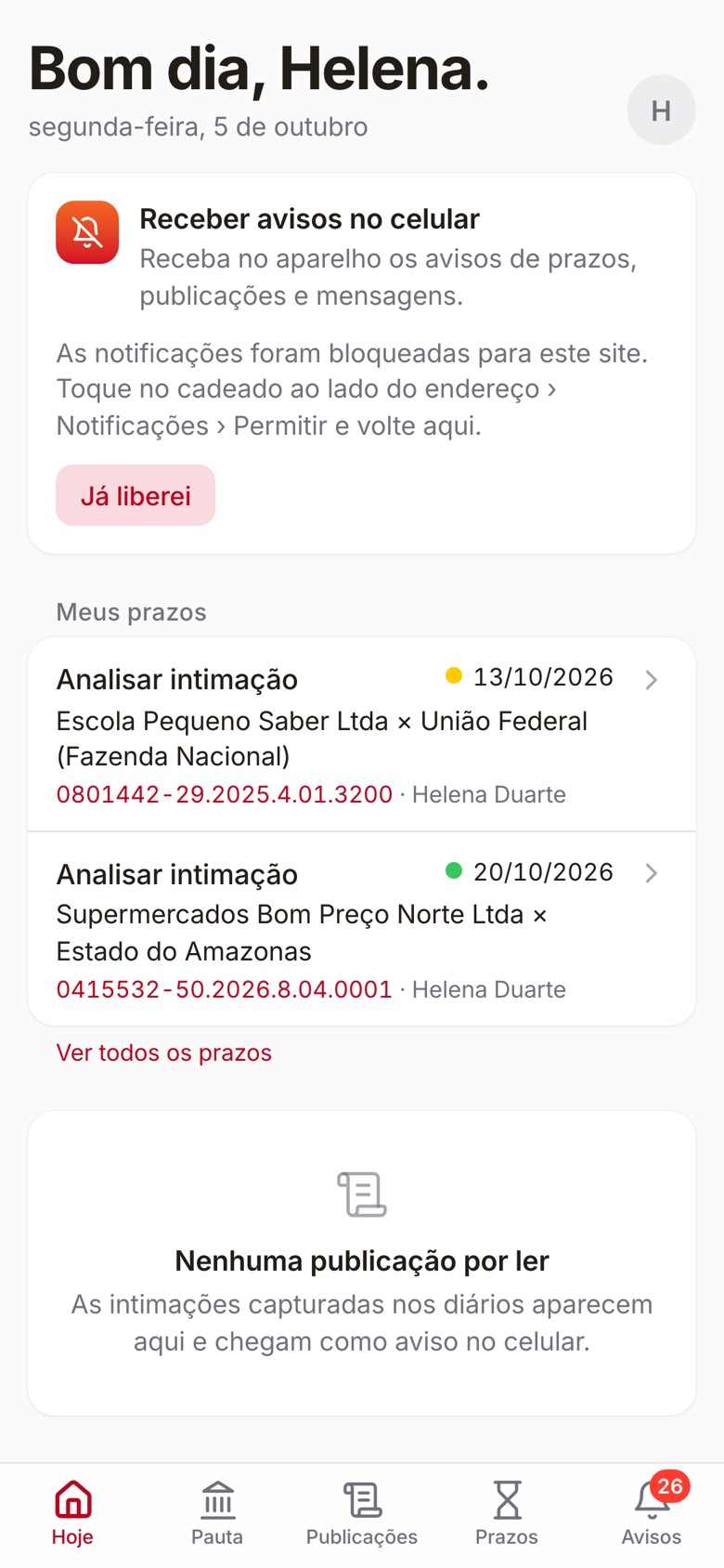 App do Prudentia ADV no celular: prazos do advogado