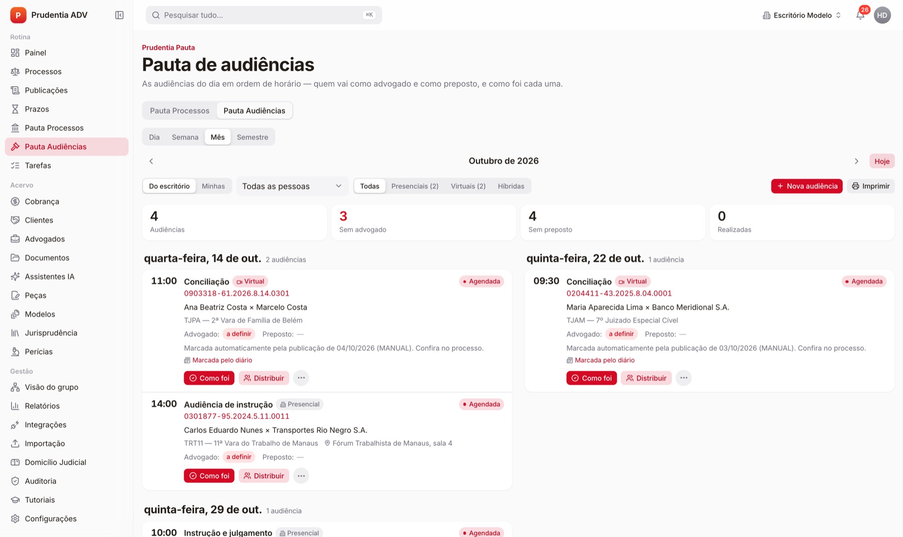 Pauta de audiências do mês com audiências marcadas pelo diário