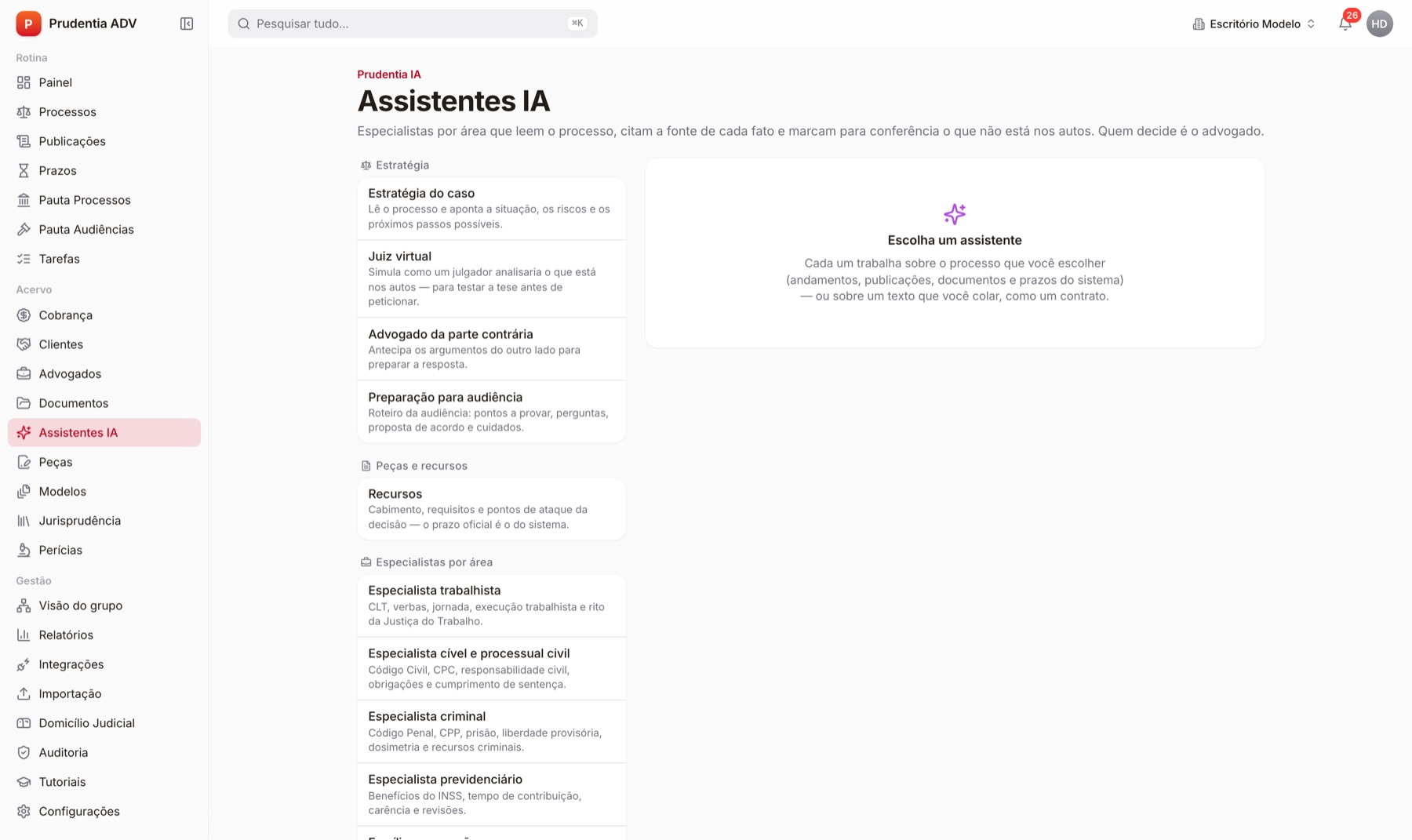 Assistentes de IA por área do direito