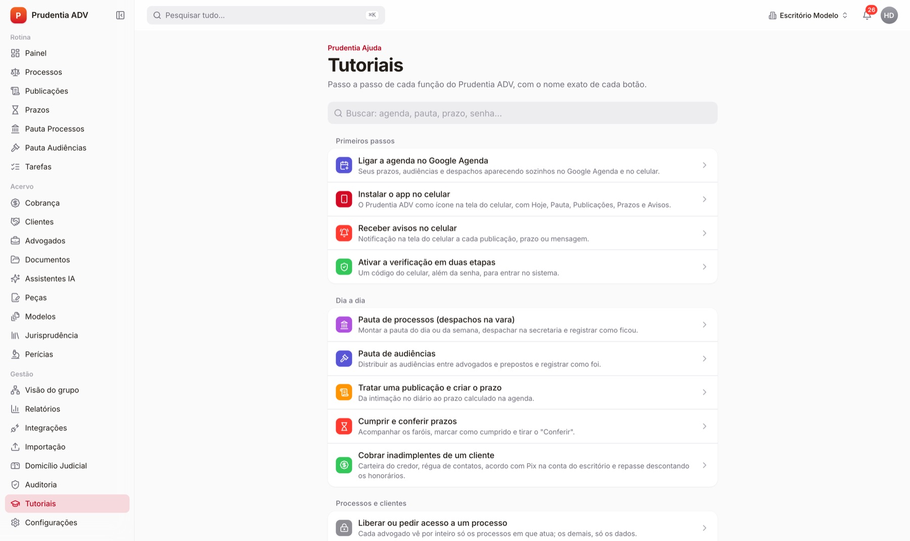 Tutoriais passo a passo dentro do sistema